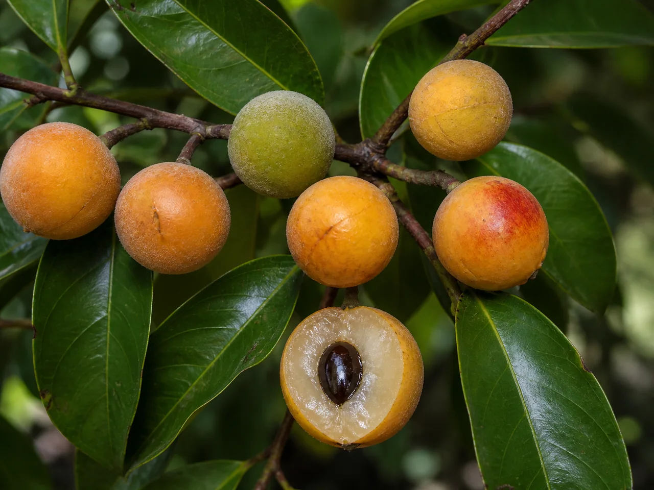 המחשת AI של פרי ספוטילו דורלנד (Peteniodendron durlandii), שנוצרה על סמך תצלומי־ייחוס אמיתיים